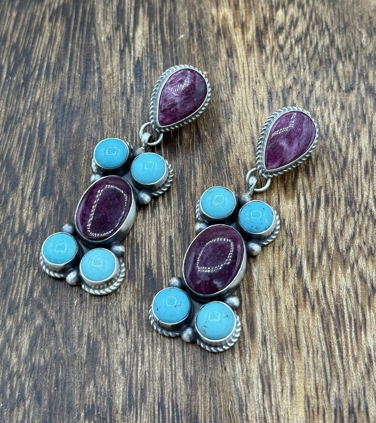 Navajo Handmade Sterling Silver Turquoise & Spiny Oyster Post Dangle Earrings