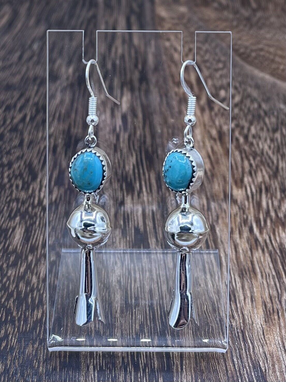 Native American Silver Navajo Handmade Turquoise Dangle Blossom Earrings shiny