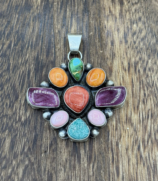 Navajo Handmade Sterling Silver Multi Color Turquoise Spiny Cluster Pendant Lg.