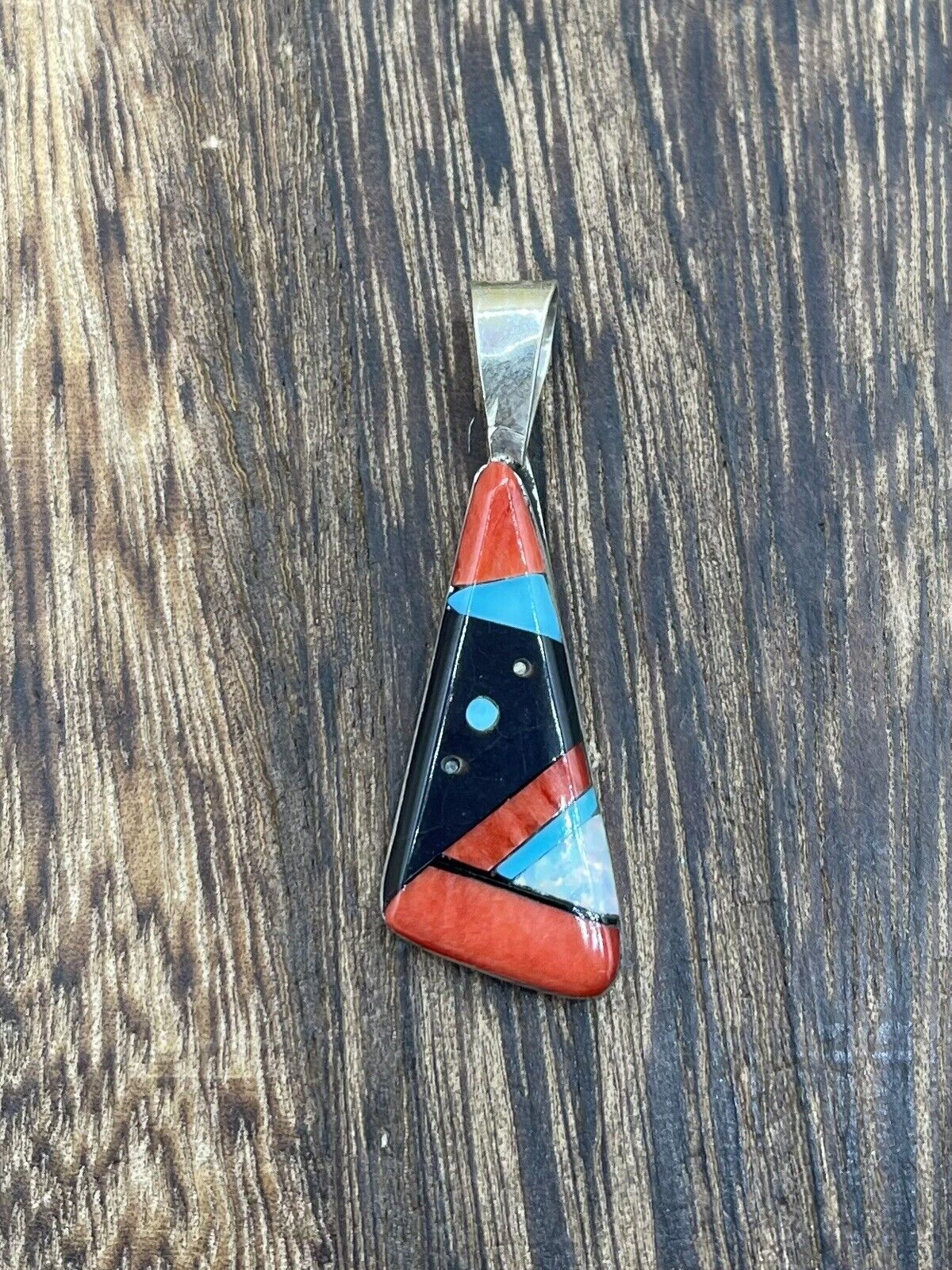 Native American Navajo Handmade Sterling Silver Multi Stone Inlay Pendant