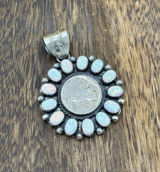 Navajo Handmade Sterling Silver White Fire Opal Cluster Buffalo Coin Pendant