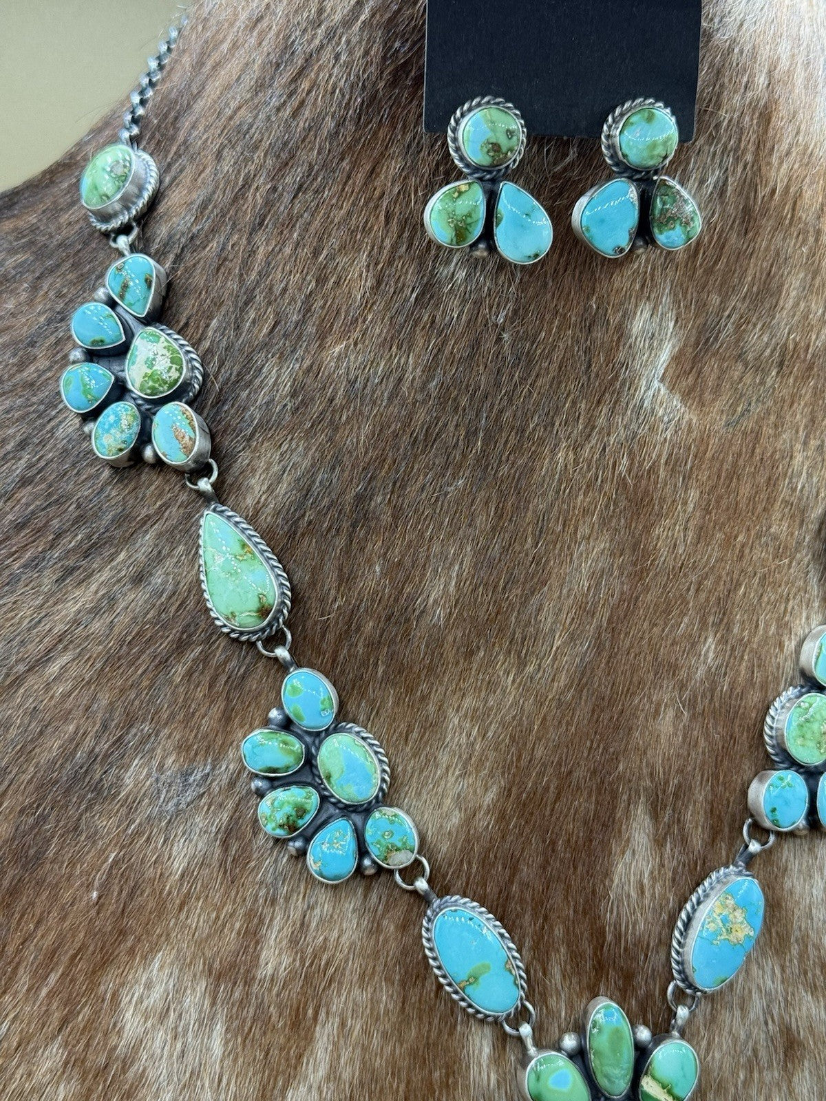 Navajo Handmade Sterling Silver Sonoran Turquoise Cluster Lariat Necklace 24”
