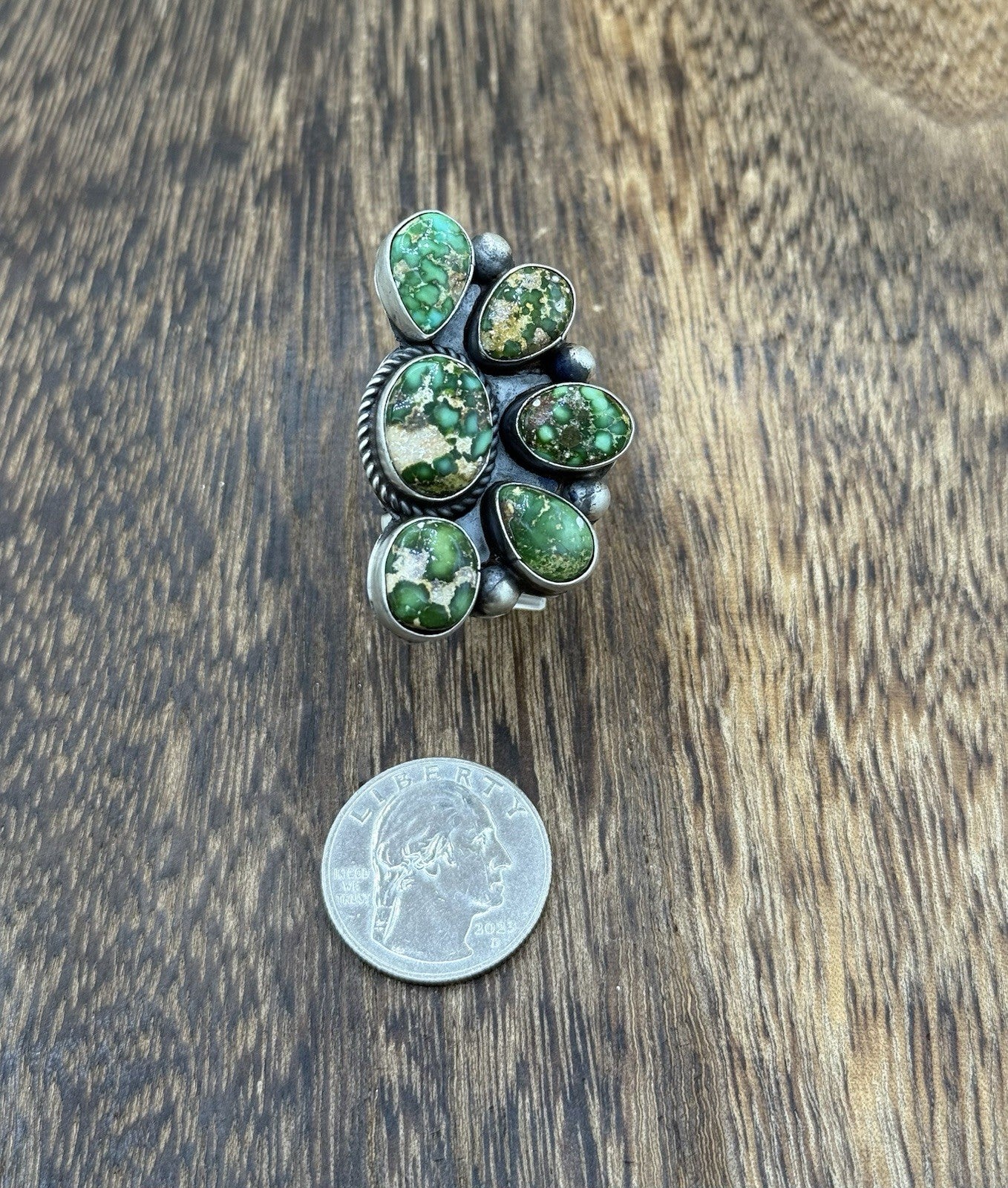 Navajo Handmade Sterling Silver Sonoran Gold Turquoise Half Cluster Ring Size 8