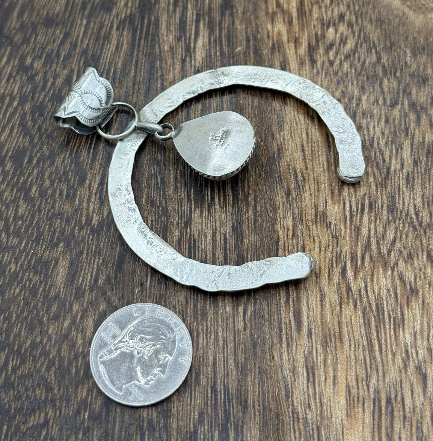 Navajo Handmade Sterling Silver Stamped Blue Glacier Turquoise Naja Pendant