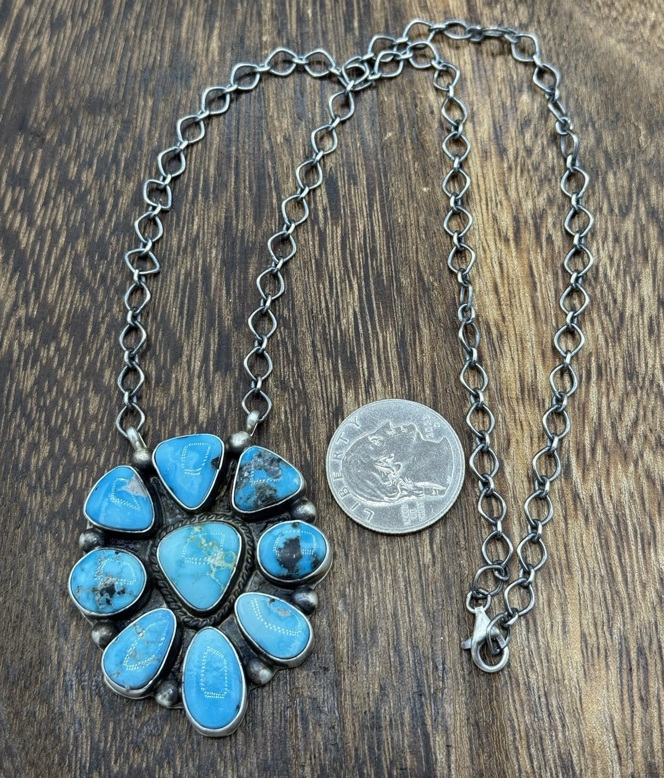 Navajo Handmade Sterling Silver Blue Ridge Turquoise Cluster Bar Necklace 18”