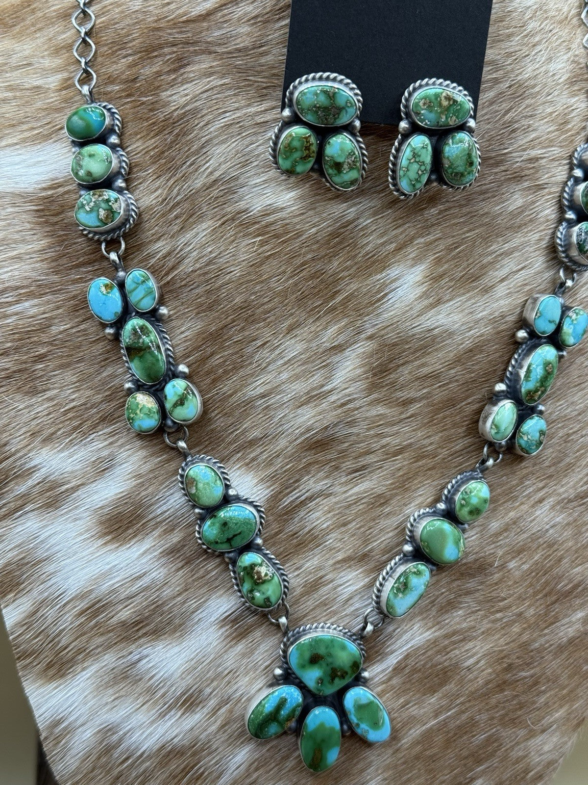 Navajo Handmade Sterling Silver Sonoran Gold Turquoise Cluster Necklace Set 20”