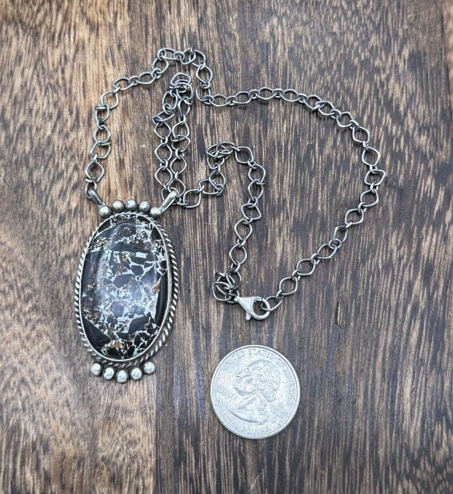 Native Navajo Handmade Sterling Silver Blackjack Turquoise Bar Necklace 18”