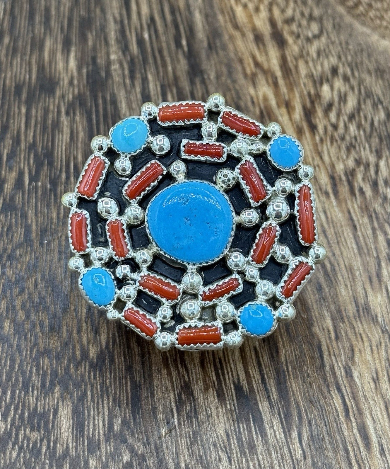 Navajo Handmade Sterling Silver Sleeping Beauty Turquoise & Coral Adjustable 6-9