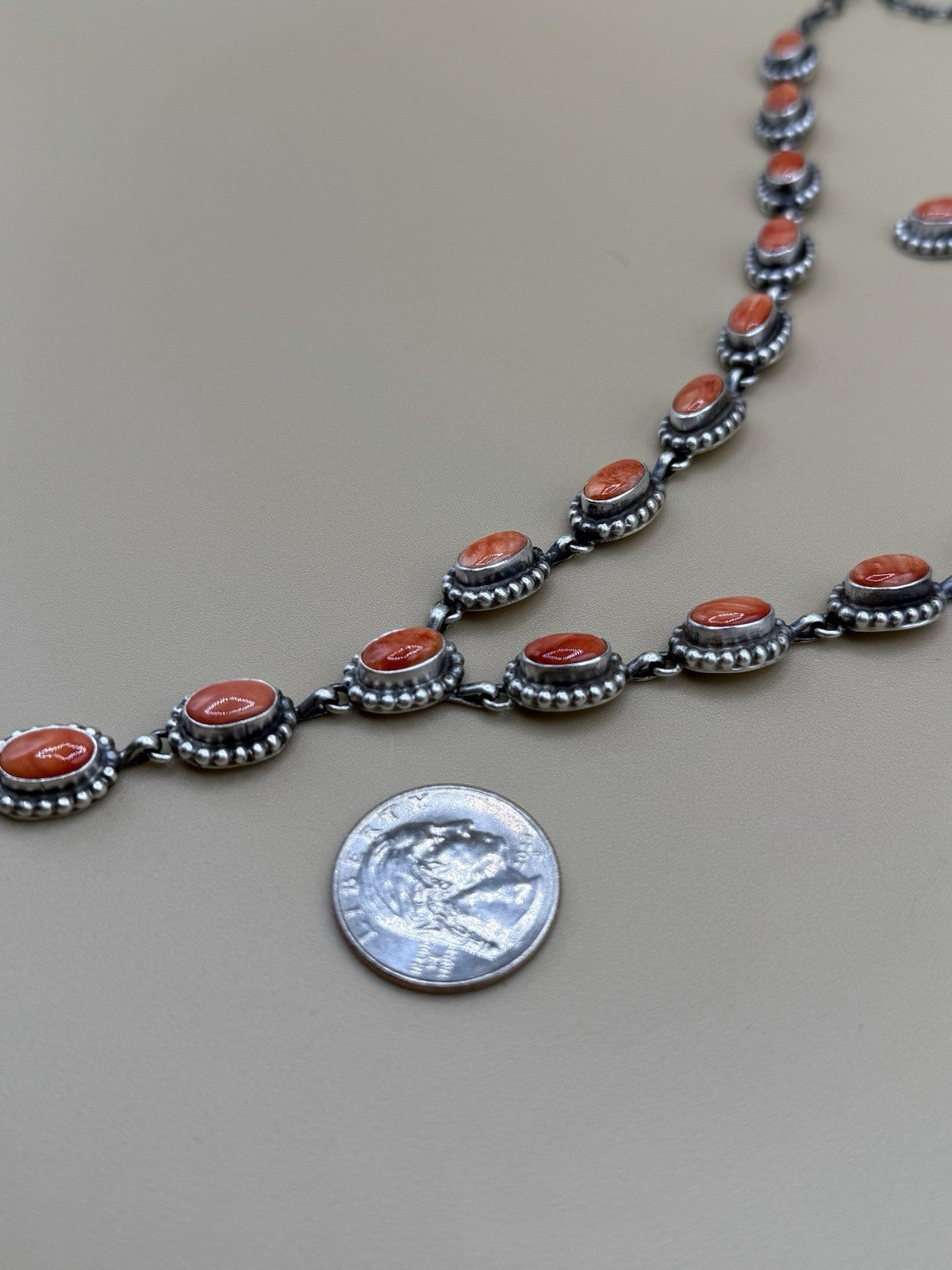 Navajo Handmade Sterling Silver Red Spiny Oyster Lariat Dangle Necklace Long