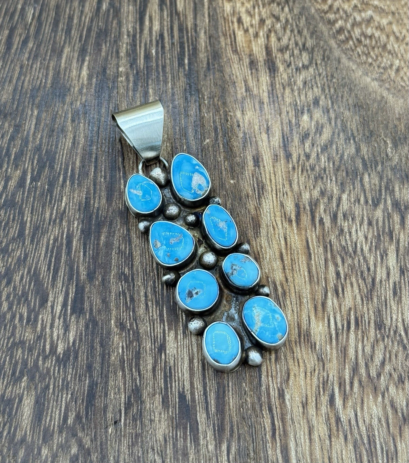 Native Navajo Handmade Sterling Silver Blue Ridge Turquoise Cluster Drop Pendant