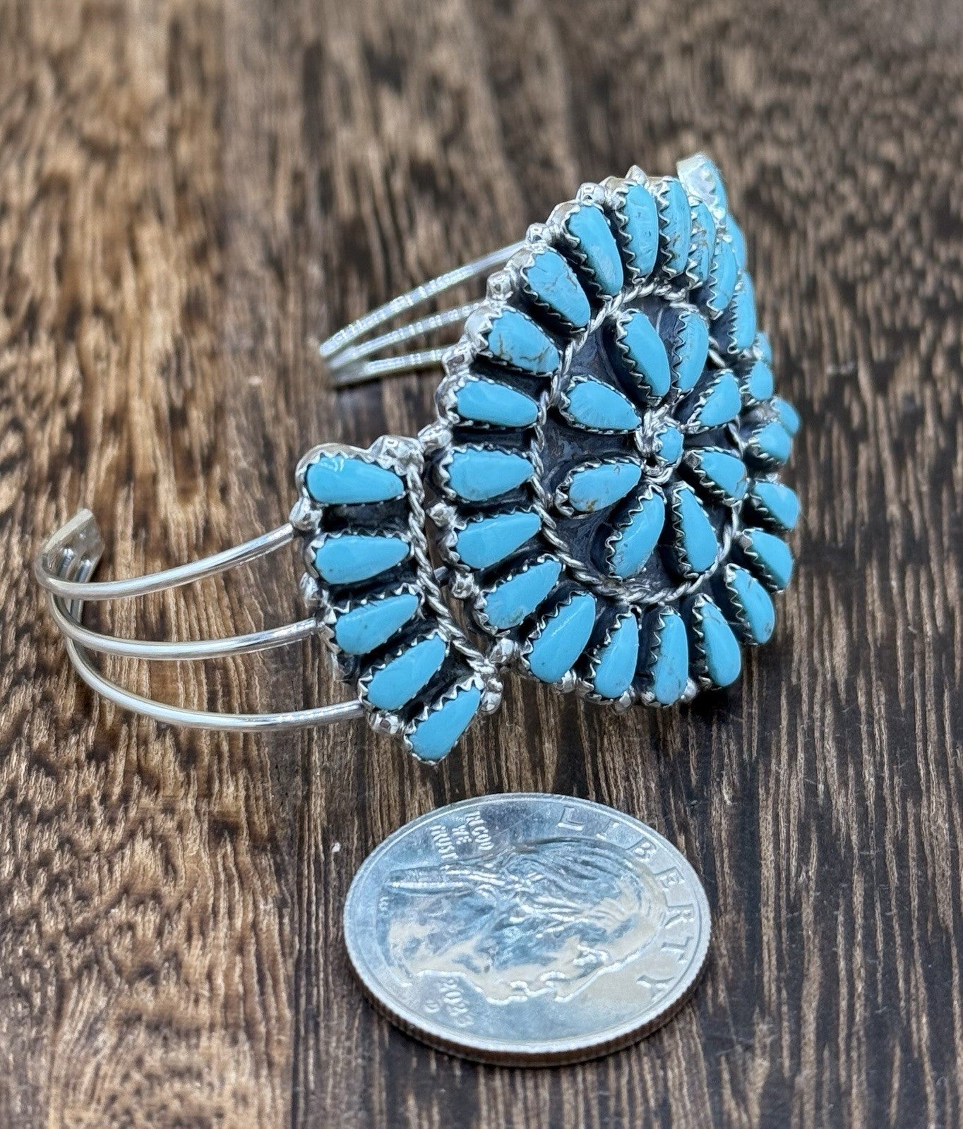 Native American Navajo Handmade Sterling Silver Turquoise Cluster Cuff Bracelet