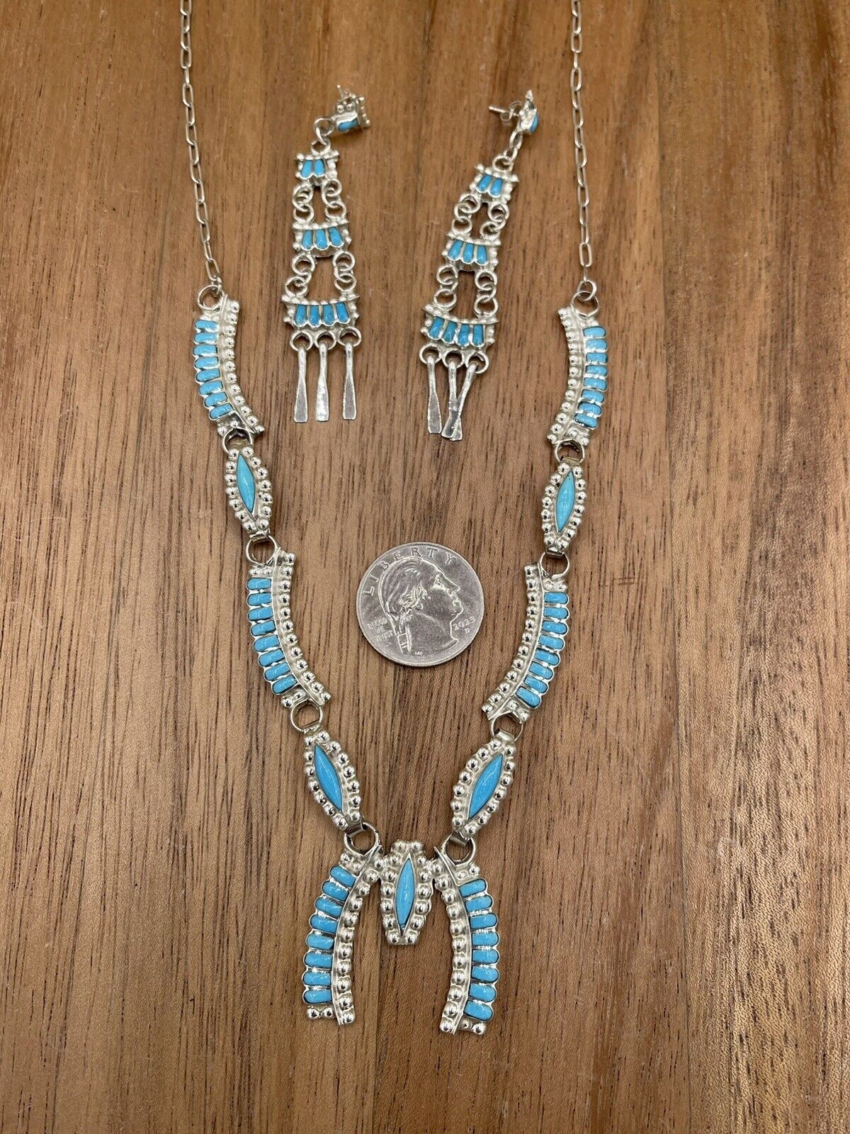 Native American Zuni handmade Silver Turquoise Inlay Squash Blossom Necklace 22”