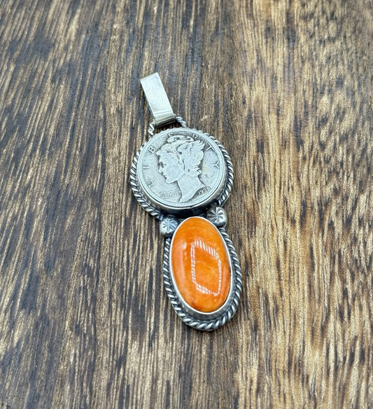 Navajo Handmade Sterling Silver Spiny Oyster Shell Liberty Dime Coin Pendant