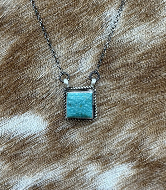 Native Navajo Handmade Silver Kingman Turquoise Cluster Bar Necklace 16”