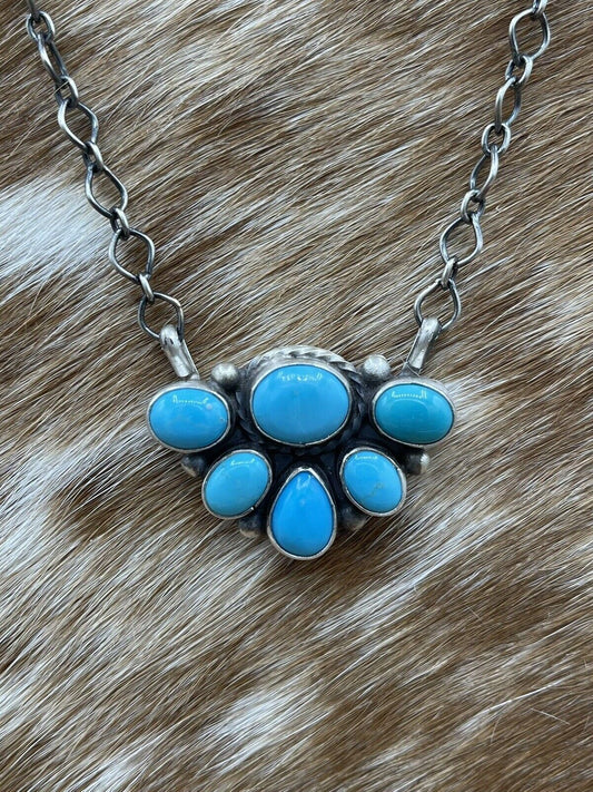 Native American Navajo Handmade Silver Turquoise Half Cluster Bar Necklace 18