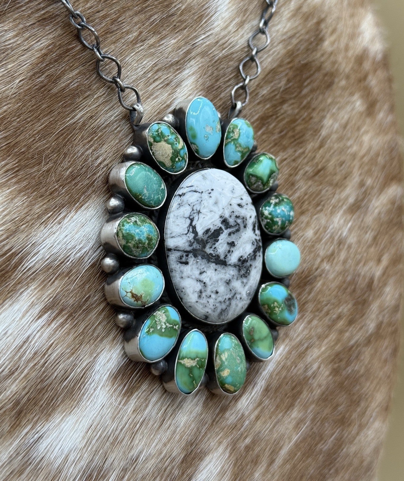 Navajo Handmade Silver Sonoran Gold Turquoise & White Buffalo Cluster Necklace