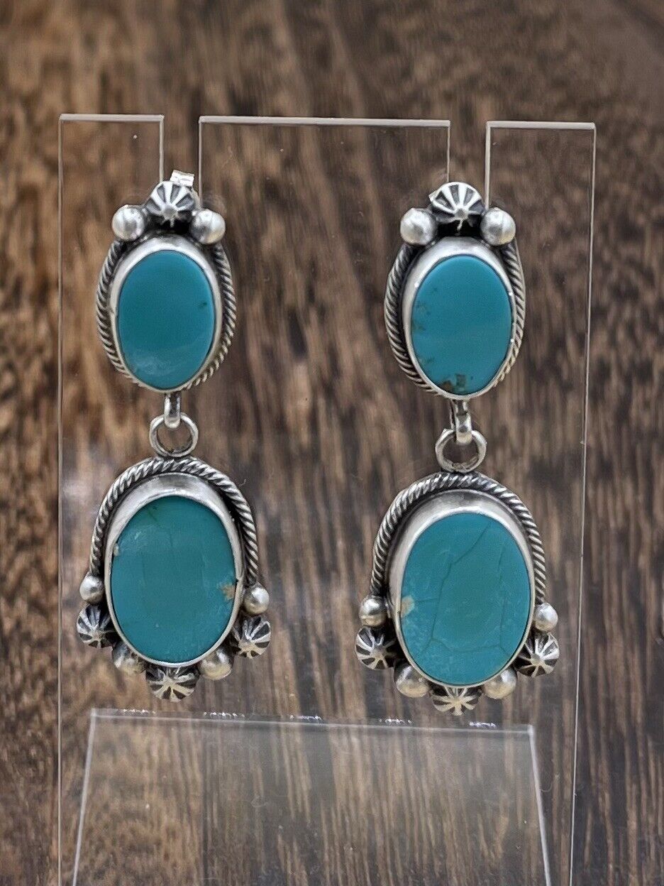 Native American Sterling Silver Navajo Handmade Turquoise Post Dangle Earrings