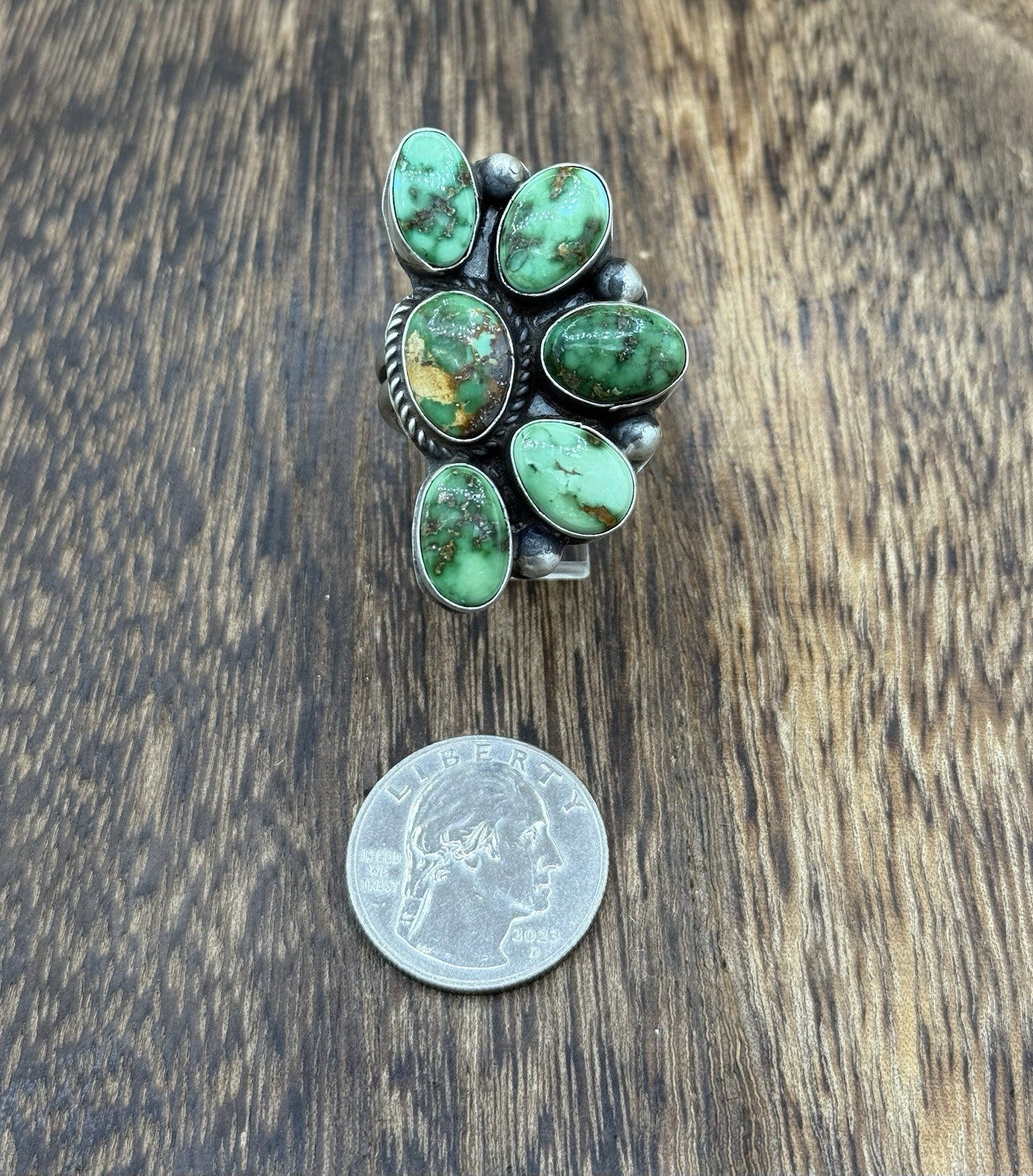 Navajo Handmade Sterling Silver Sonoran Gold Turquoise Half Cluster Ring Size 8