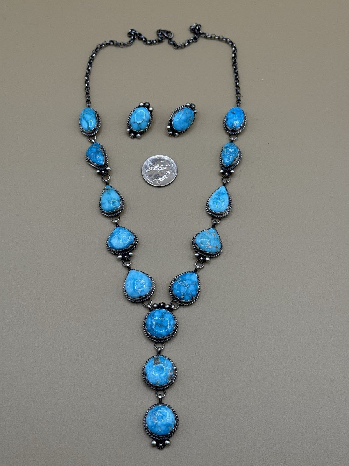 Native Navajo Handmade Sterling Silver Blue Bird Turquoise Y Lariat Necklace 24”