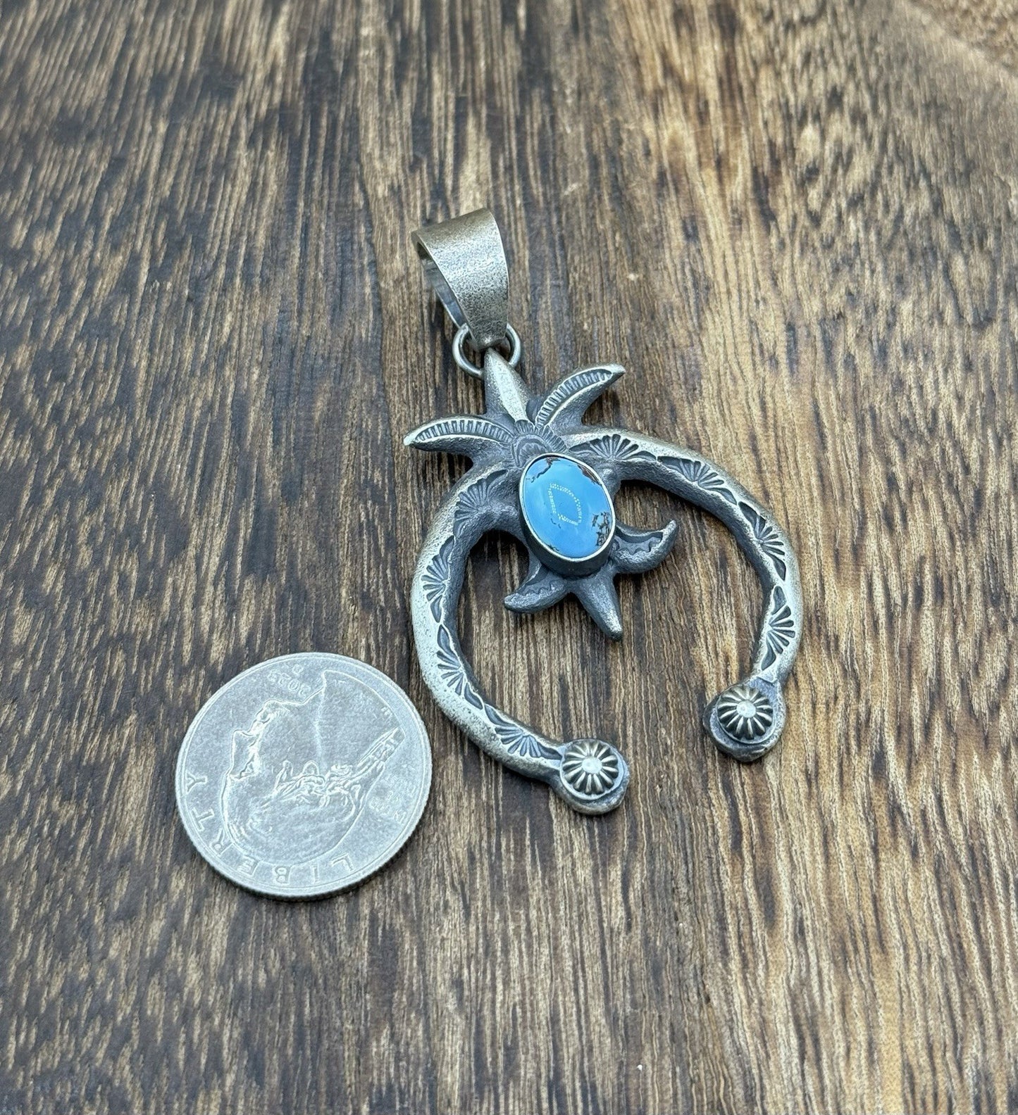 Navajo Handmade Sterling Silver Old Look Golden Hills Turquoise Naja Pendant