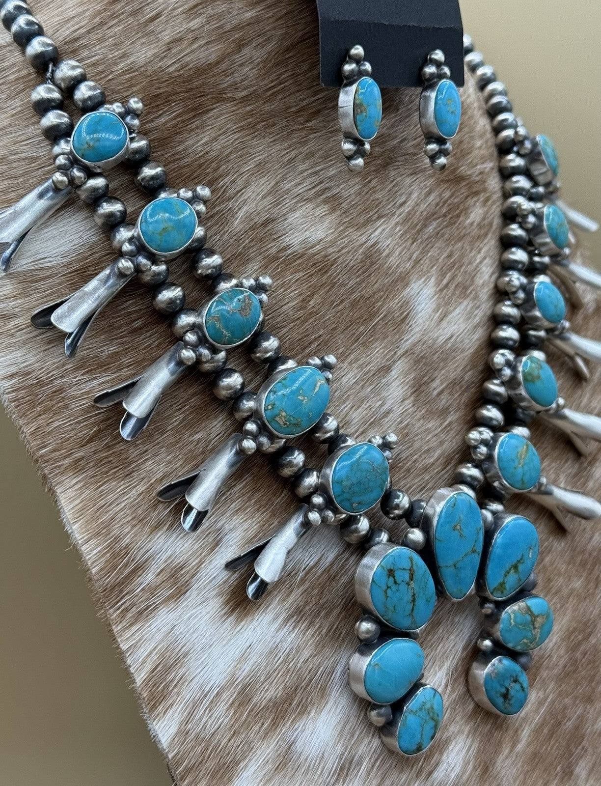 Navajo Handmade Sterling Silver Kingman Turquoise Squash Blossom Necklace 20”