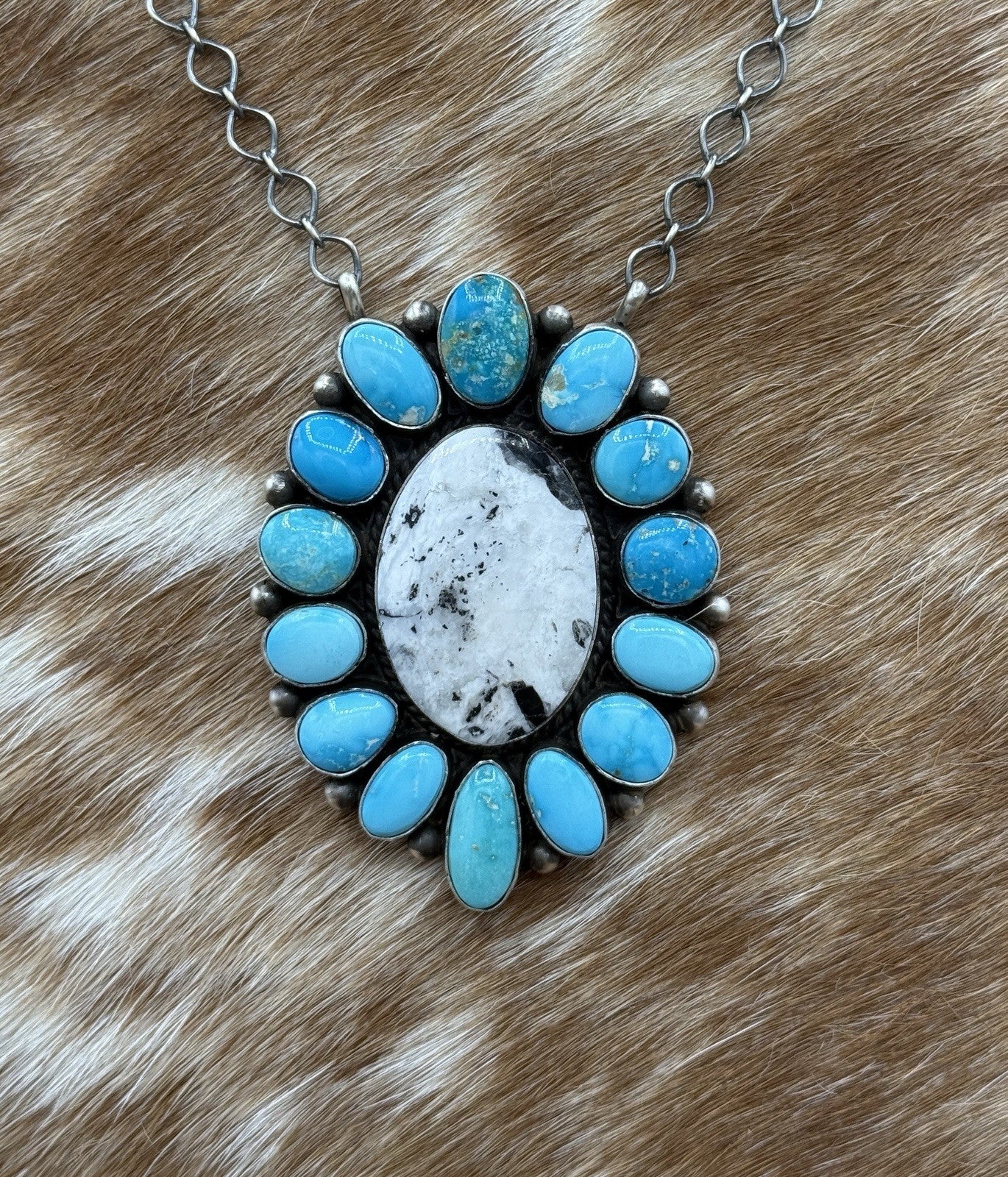 Navajo Handmade Silver Blue Ridge Turquoise & White Buffalo Cluster Necklace