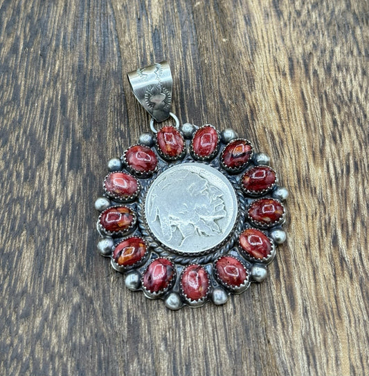 Navajo Handmade Sterling Silver Red Spiny Oyster Cluster Buffalo Coin Pendant