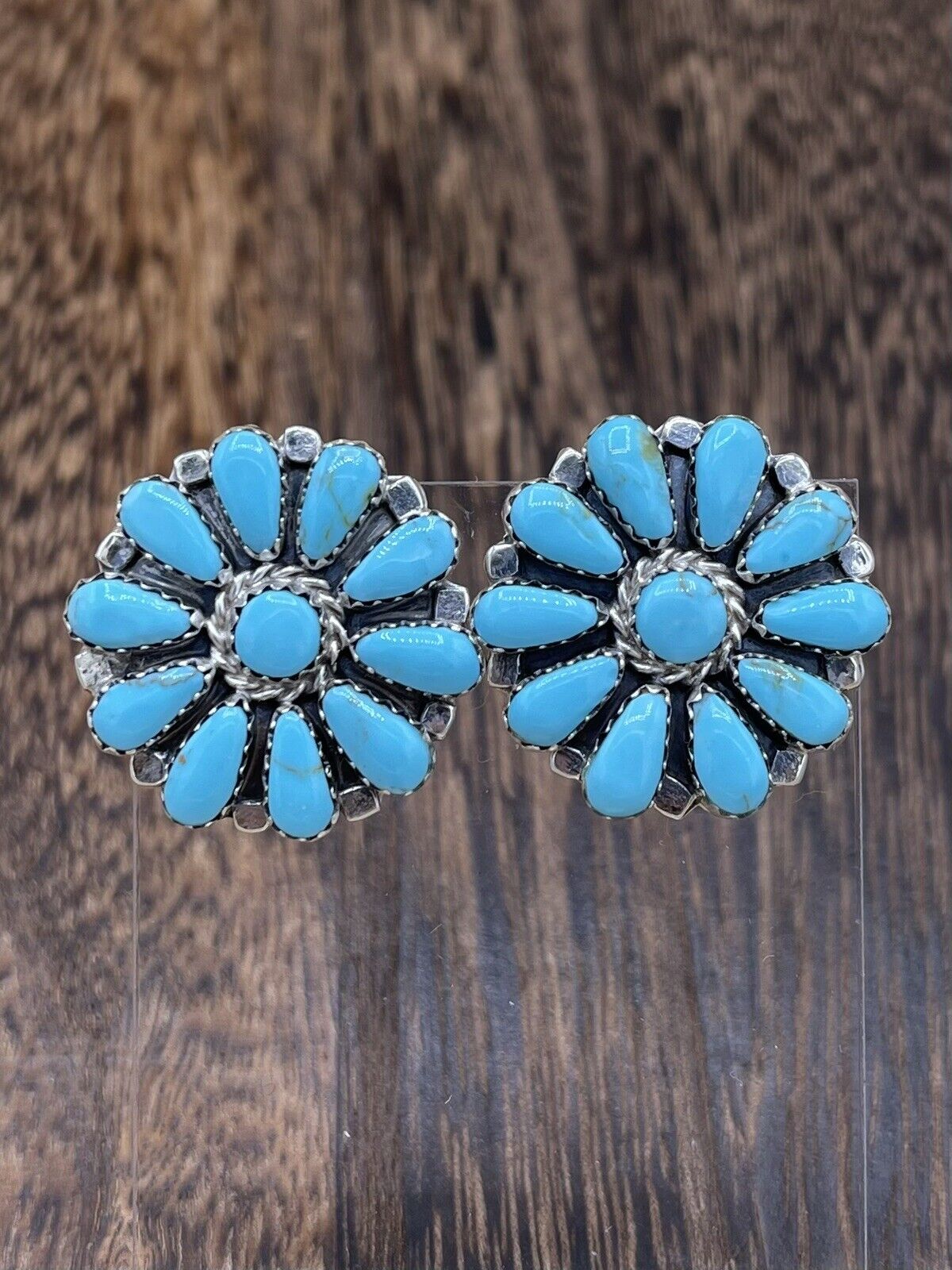 Native American Navajo Handmade Sterling Silver Turquoise Cluster Stud Earrings