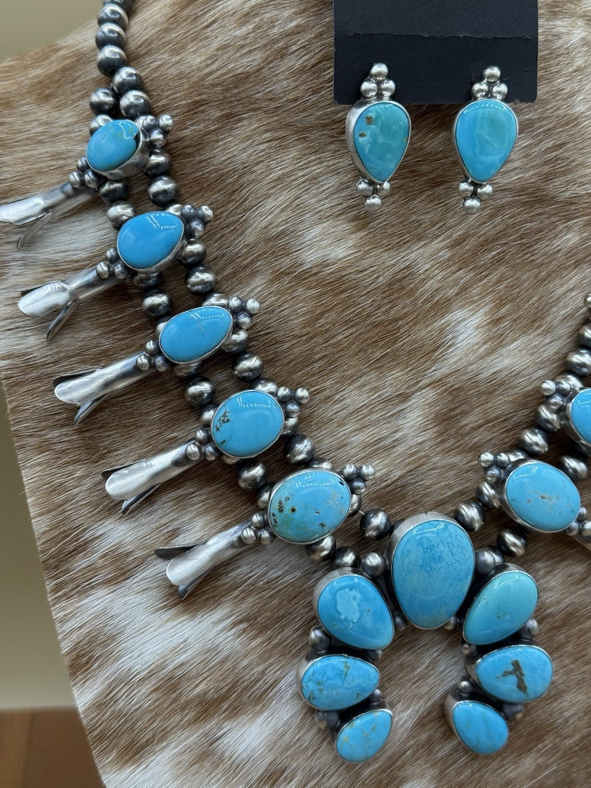 Navajo Handmade Sterling Silver Kingman Turquoise Squash Blossom Necklace 20”