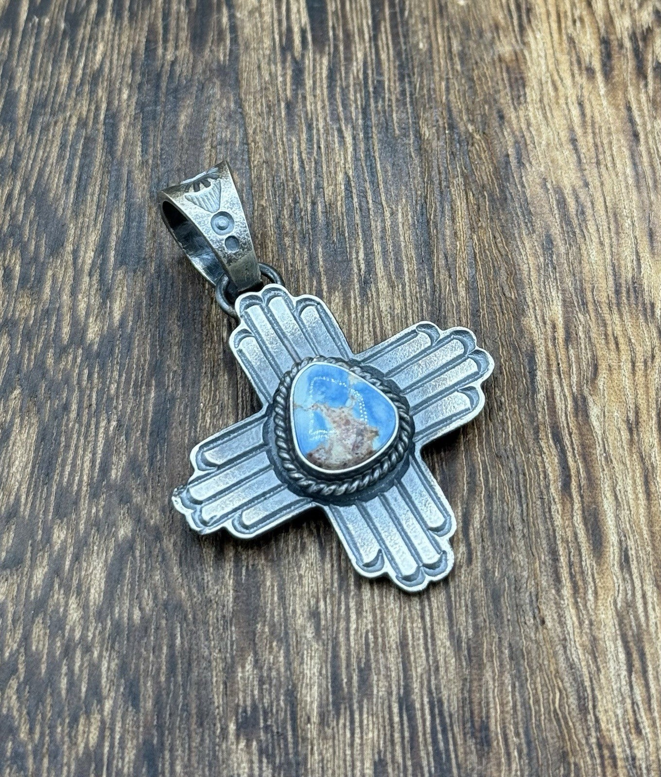 Navajo Handmade Sterling Silver Old Look Golden Hills Turquoise Zia Pendant
