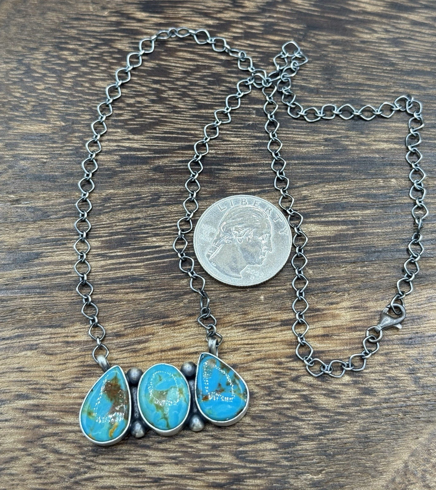 Navajo Handmade Sterling Silver Kingman Turquoise Cluster Bar Necklace 18”