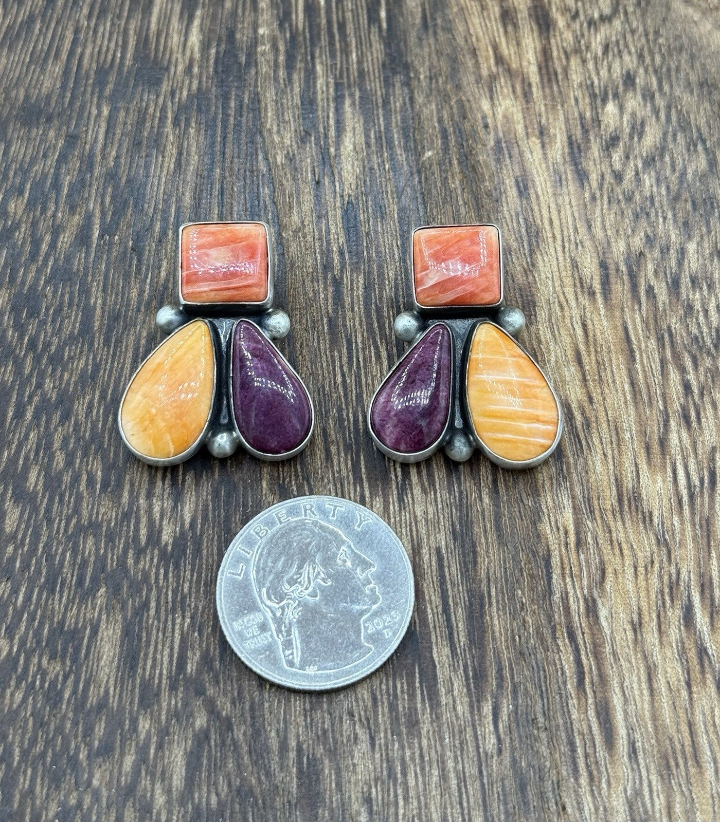 Navajo Handmade Sterling Silver Multi Color Spiny Oyster Post Cluster Earrings