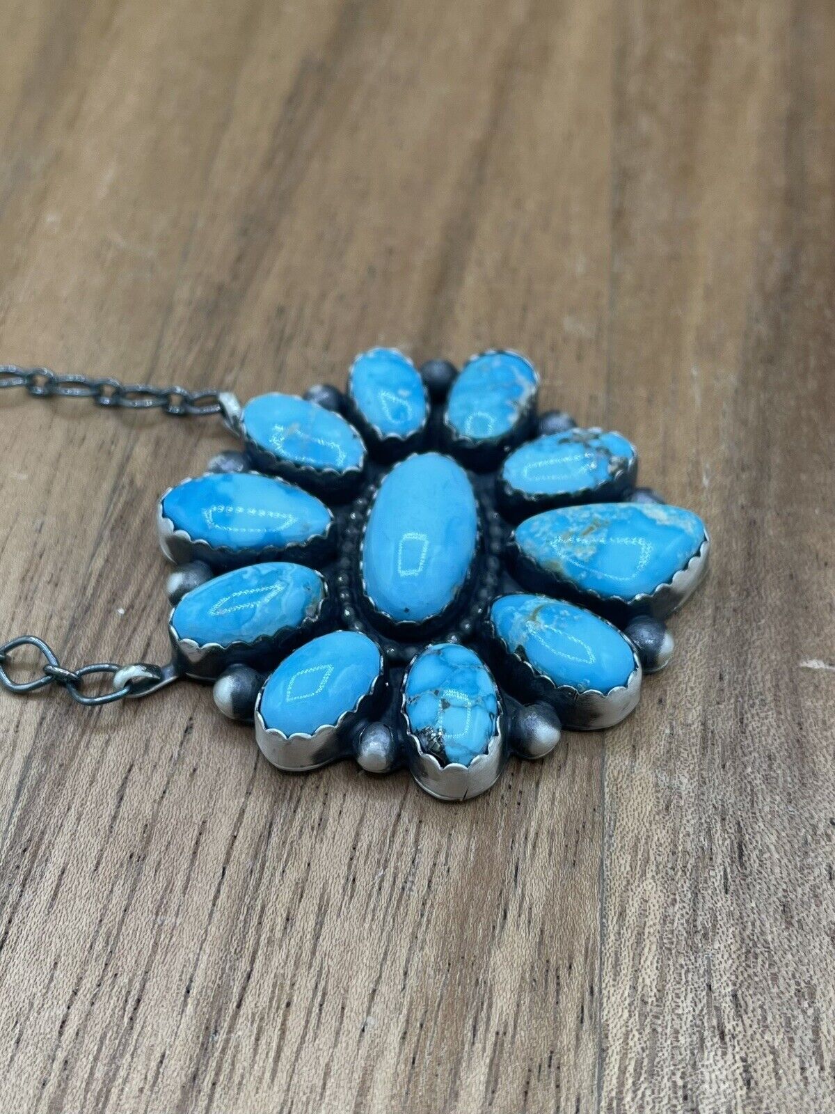 Native American Navajo Handmade Sterling Silver Turquoise Cluster Necklace 18”