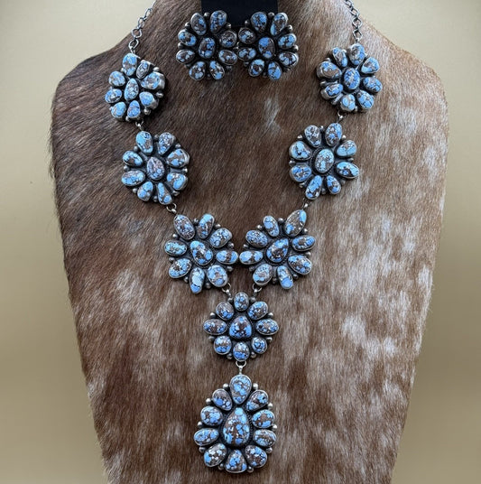 Native Navajo Handmade Silver Golden Hills Turquoise Cluster Lariat Necklace 24”