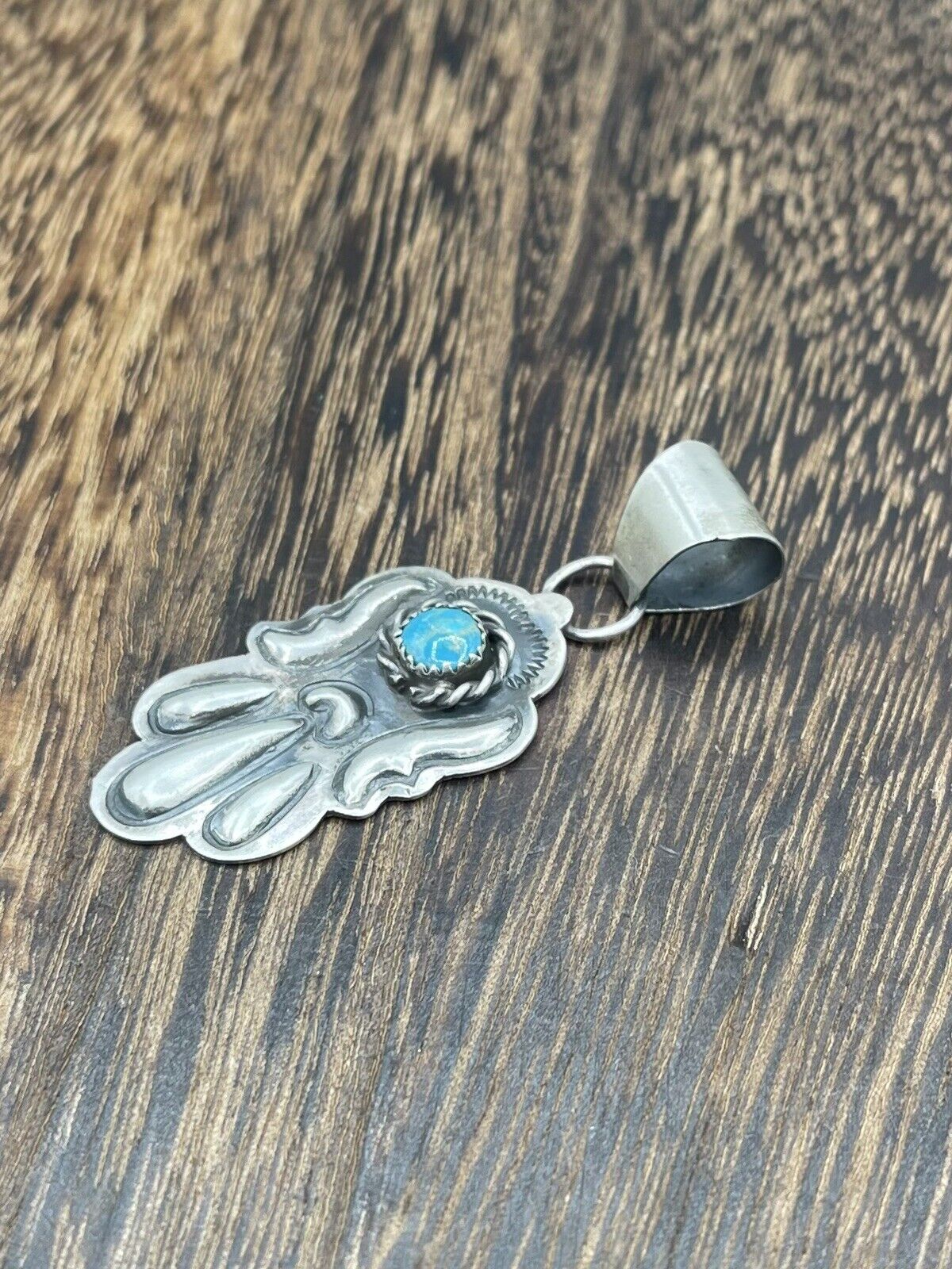 Native American Sterling Silver Navajo Handmade Old Look Turquoise Pendant