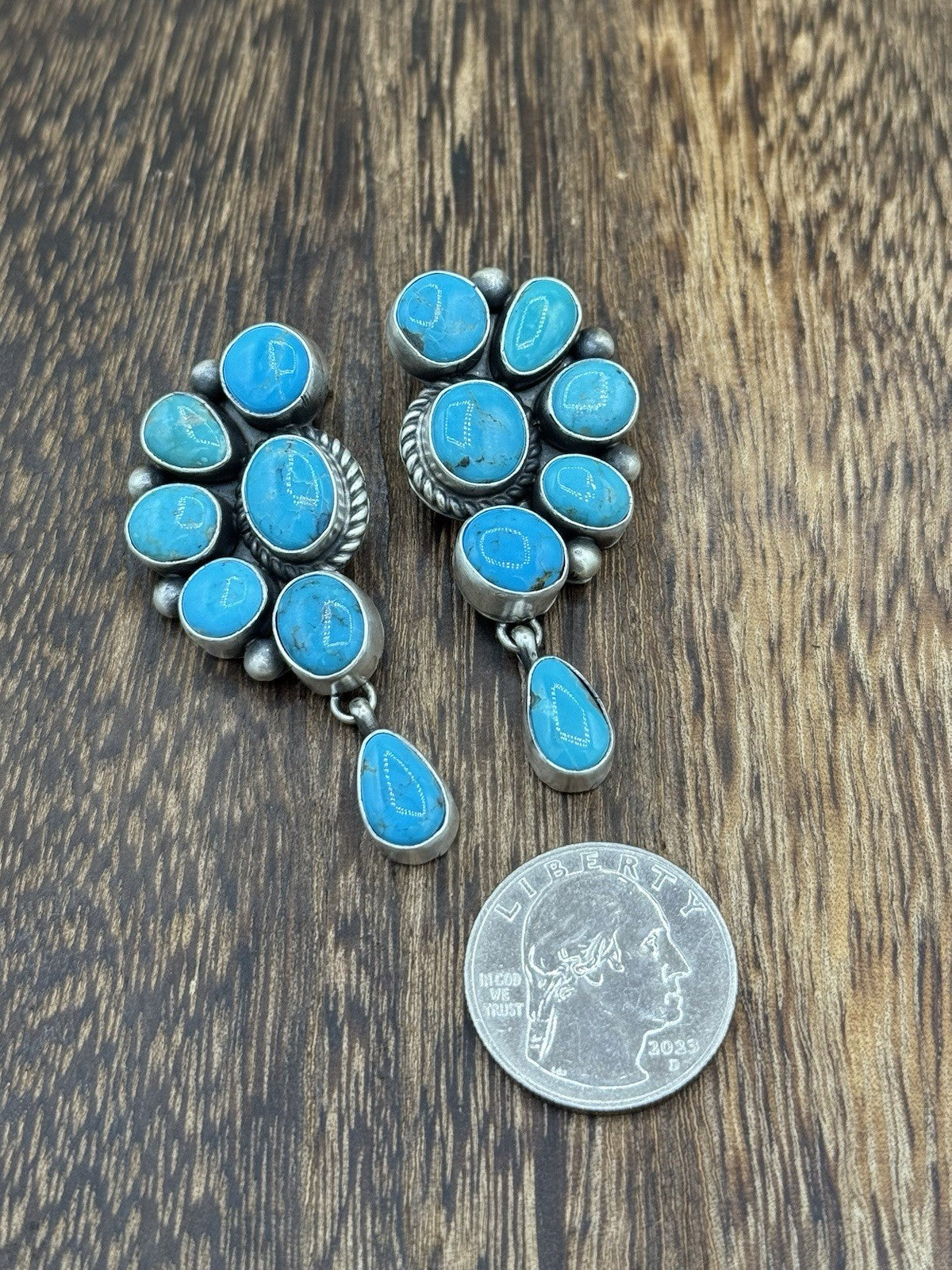 Navajo Handmade Sterling Silver Kingman Turquoise Half Cluster Drop Earrings
