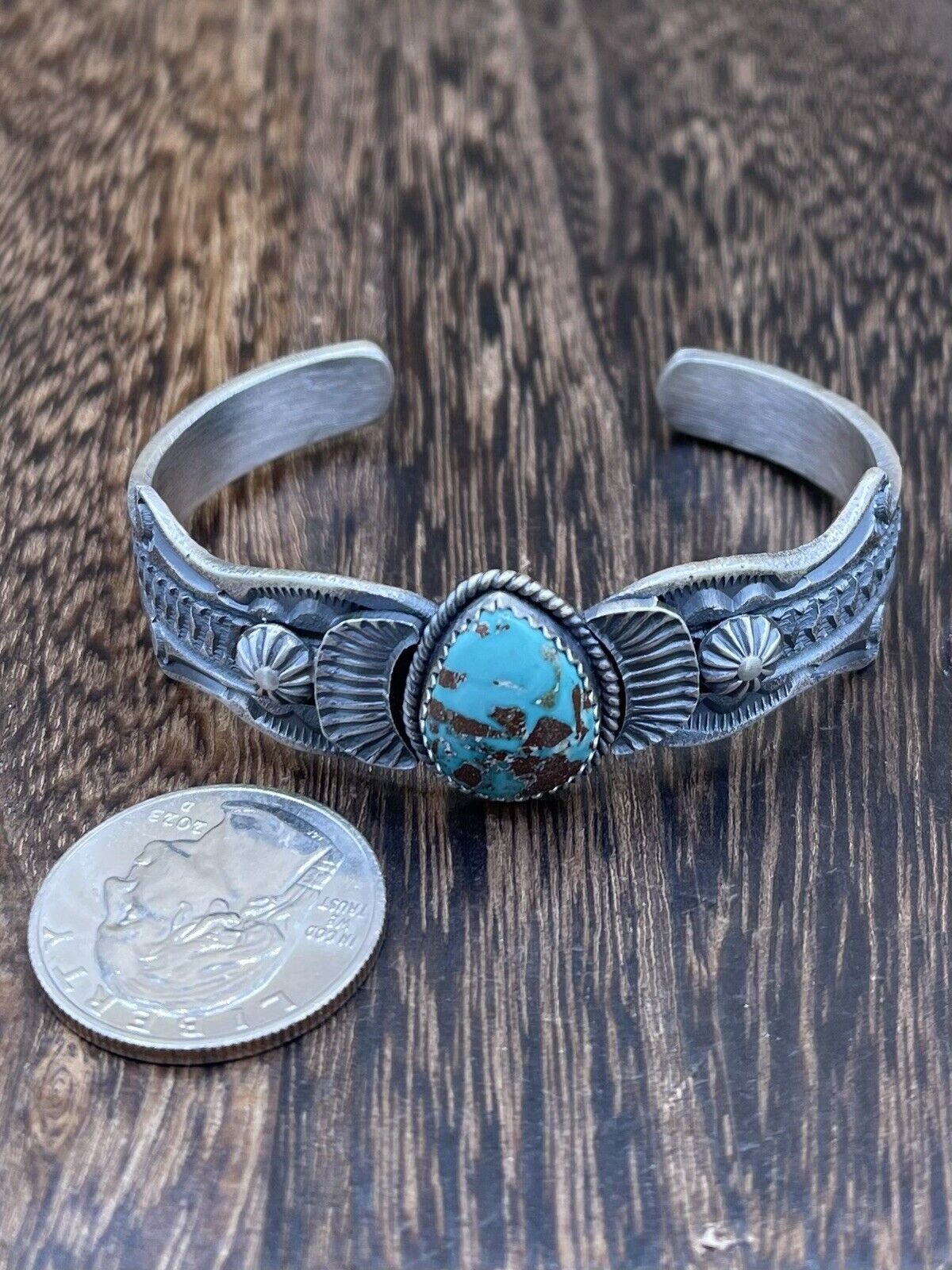 Native American Navajo Handmade Silver Kingman Turquoise Old look Bracelet