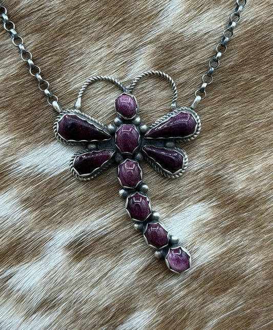 Navajo Handmade Sterling Silver Purple Spiny Oyster Dragonfly Bar Necklace 18”