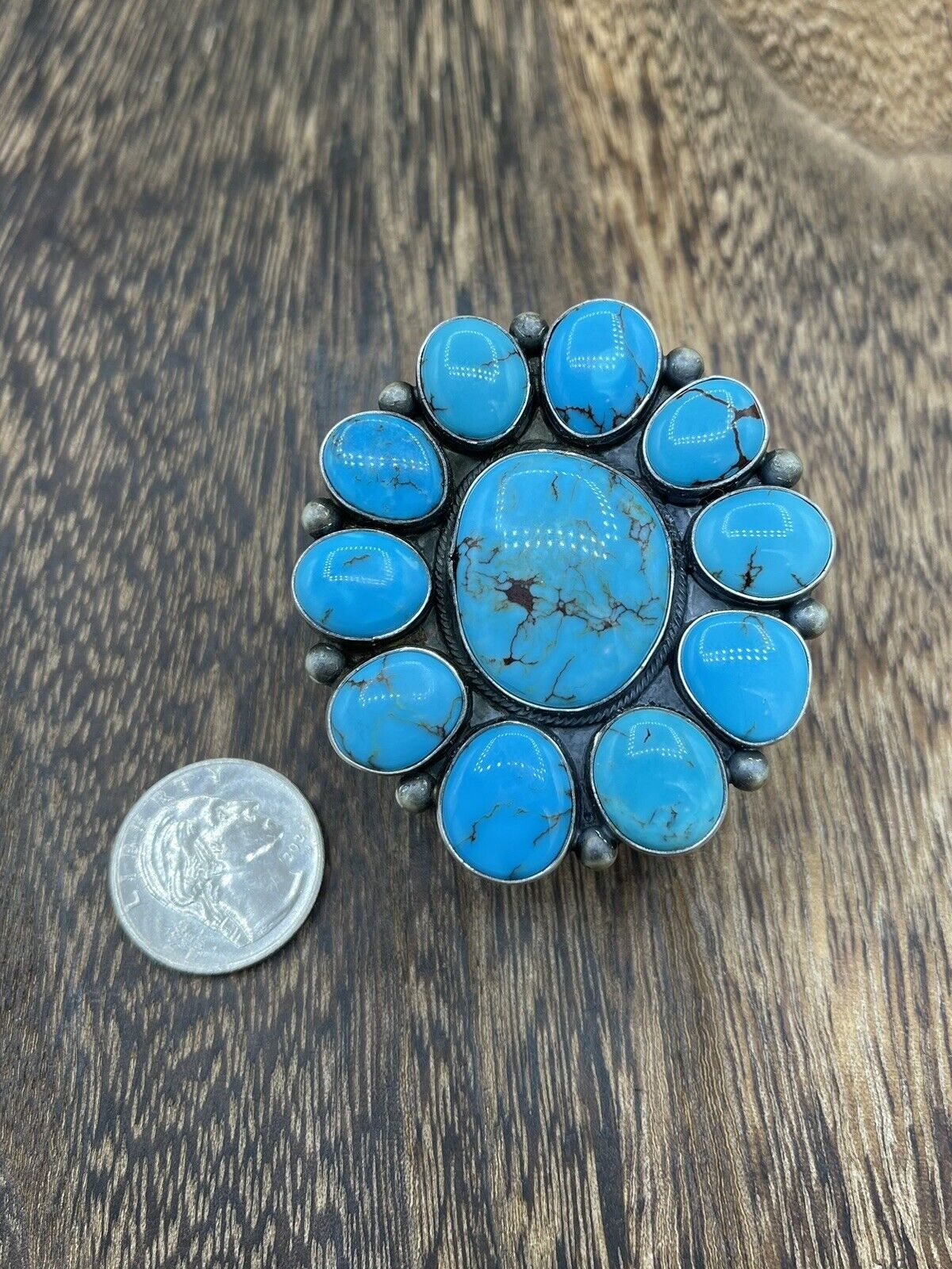 Native American Navajo Handmade Sterling Silver Turquoise Cluster Ring Size 7