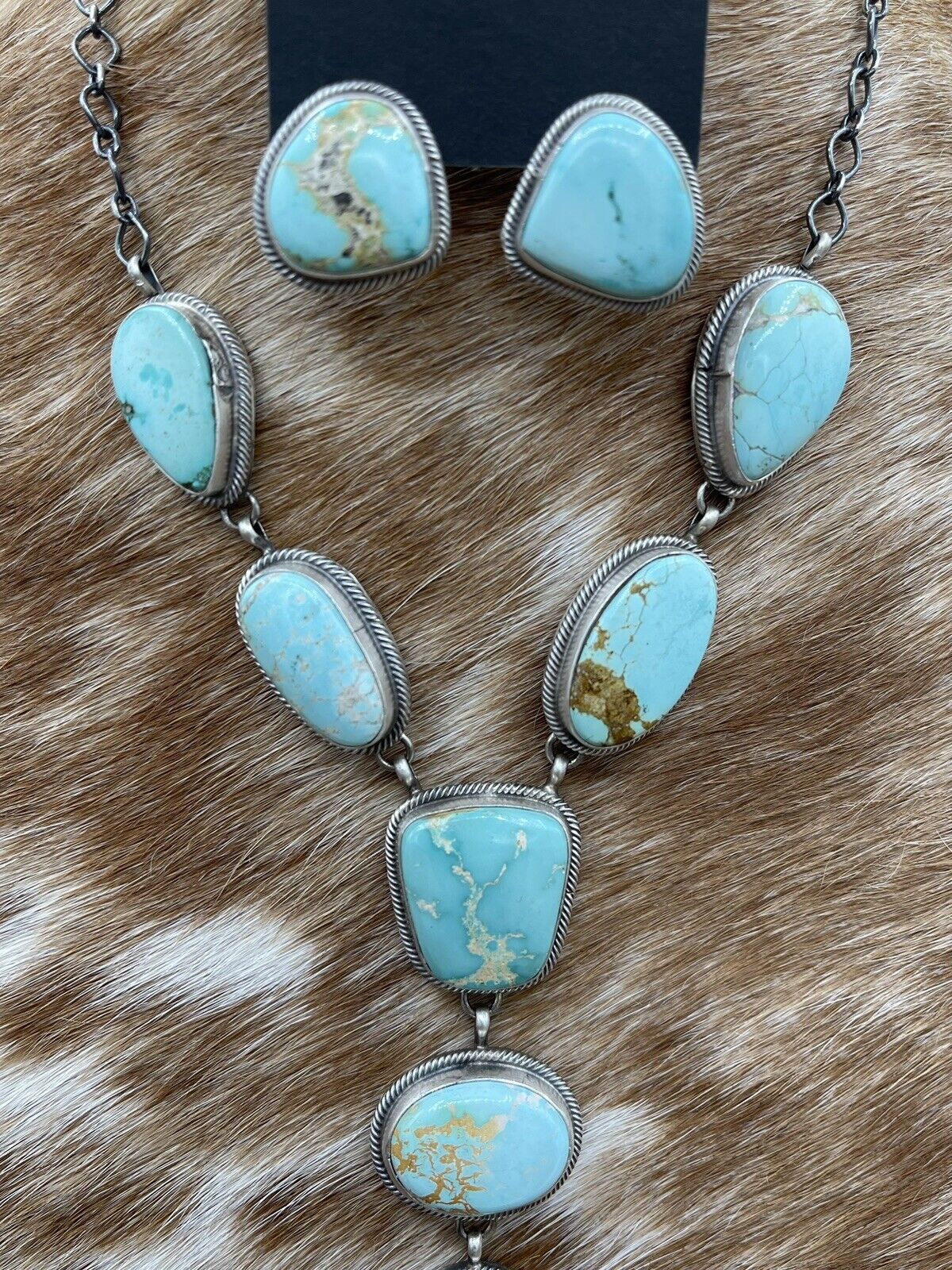 Native American Navajo Handmade Silver Royston Turquoise Lariat Necklace Set 18”