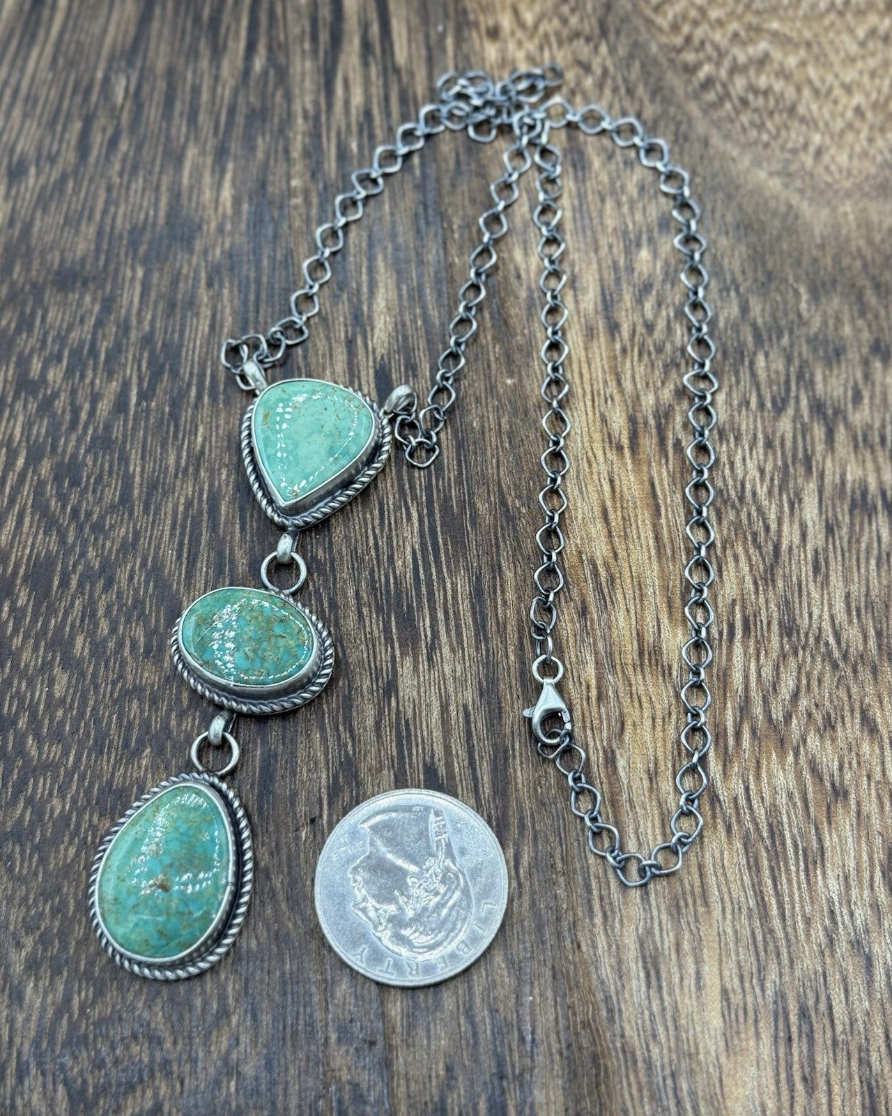 Native Navajo Handmade Sterling Silver Kingman Turquoise Lariat Necklace 18”