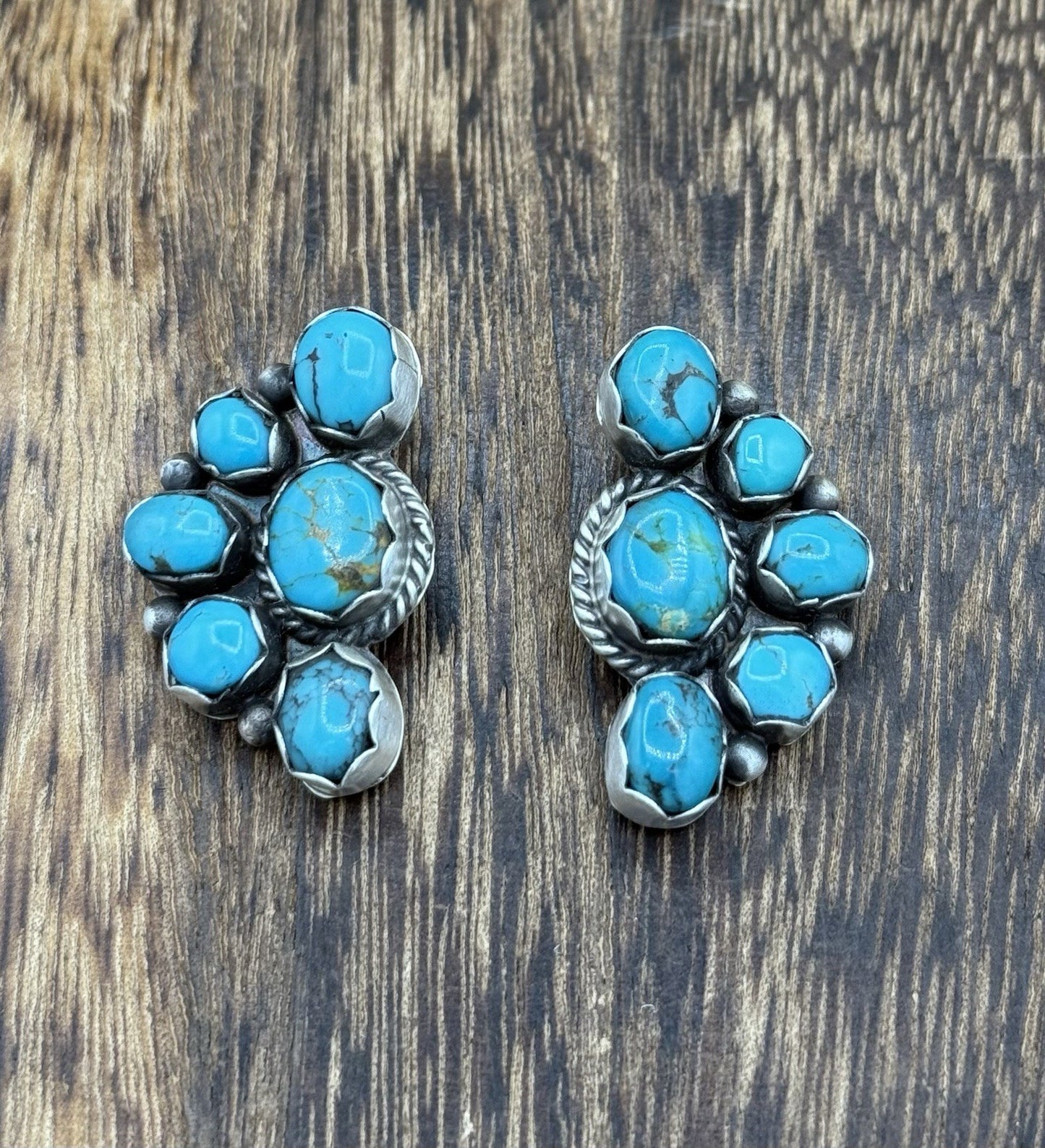 Navajo Handmade Sterling Silver Kingman Turquoise Half Cluster Post Earrings