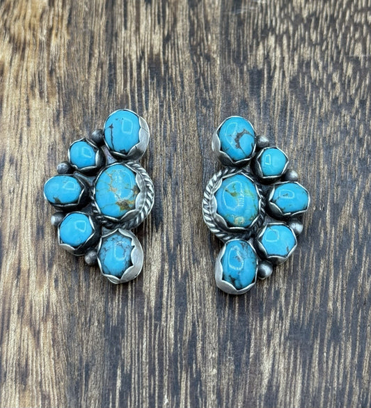 Navajo Handmade Sterling Silver Kingman Turquoise Half Cluster Post Earrings