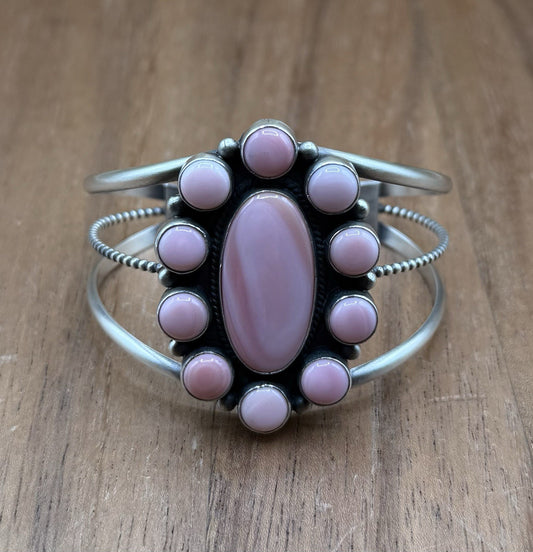 Navajo Handmade Sterling Silver Pink Conch Cluster Cuff Bracelet Large