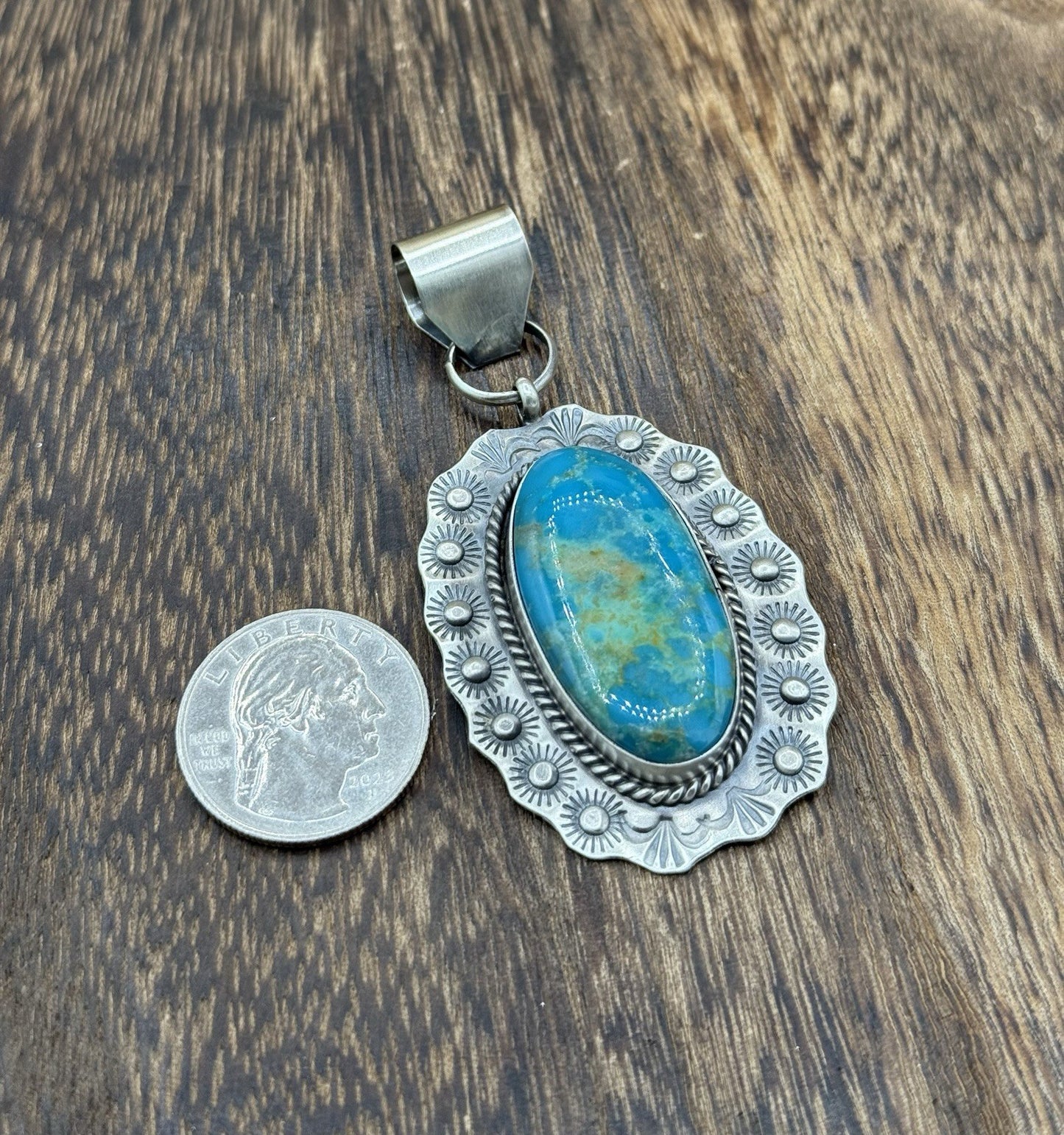 Navajo Handmade Sterling Silver Royston Turquoise Stamped Design Drop Pendant