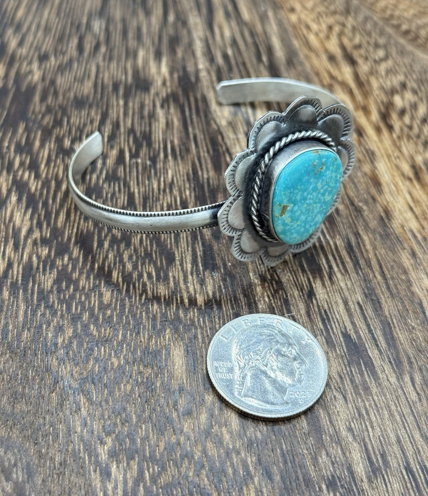 Native Navajo Handmade Sterling Silver Kingman Turquoise Cuff Stamped Bracelet