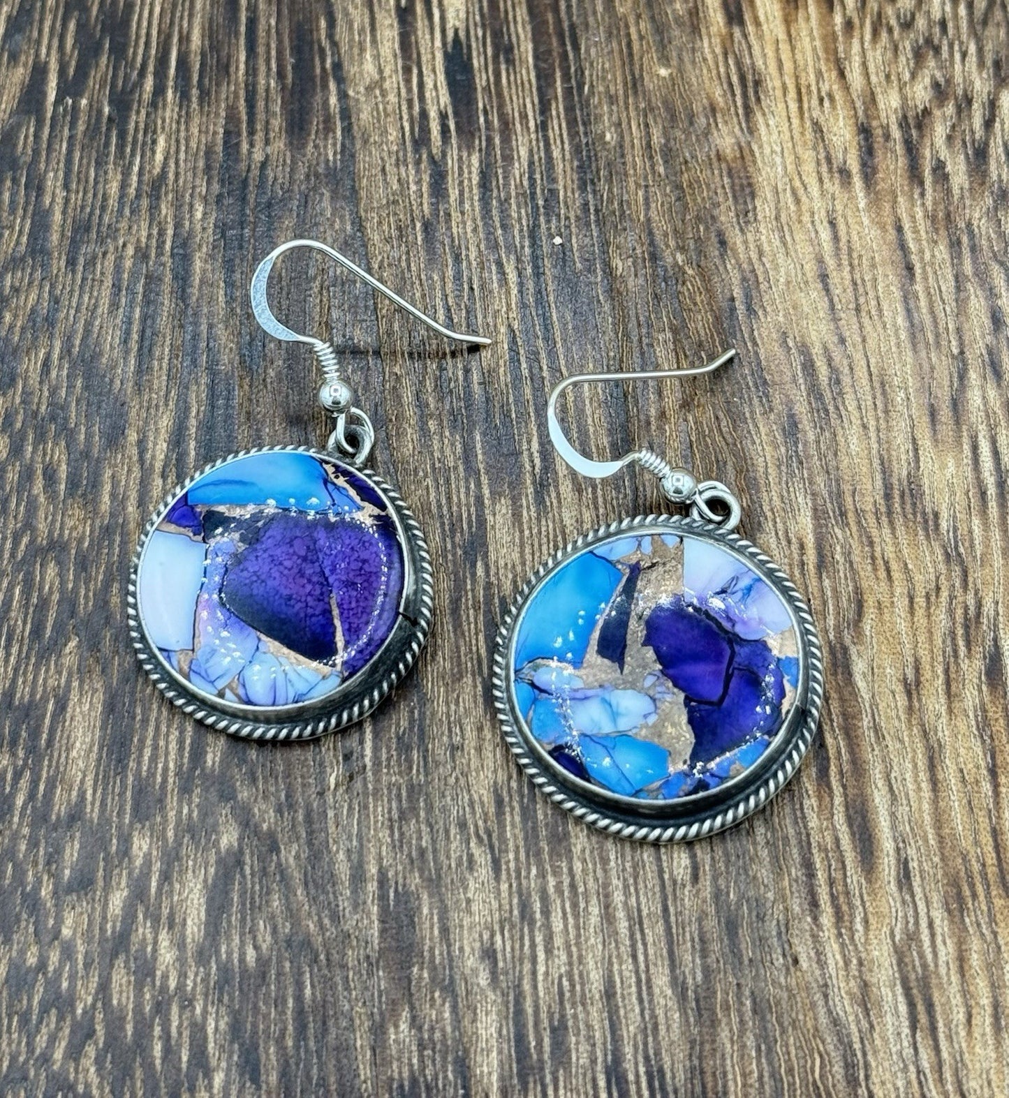 Navajo Handmade Sterling Silver Violet Rose & Blue Dahlia Dangle Drop Earrings