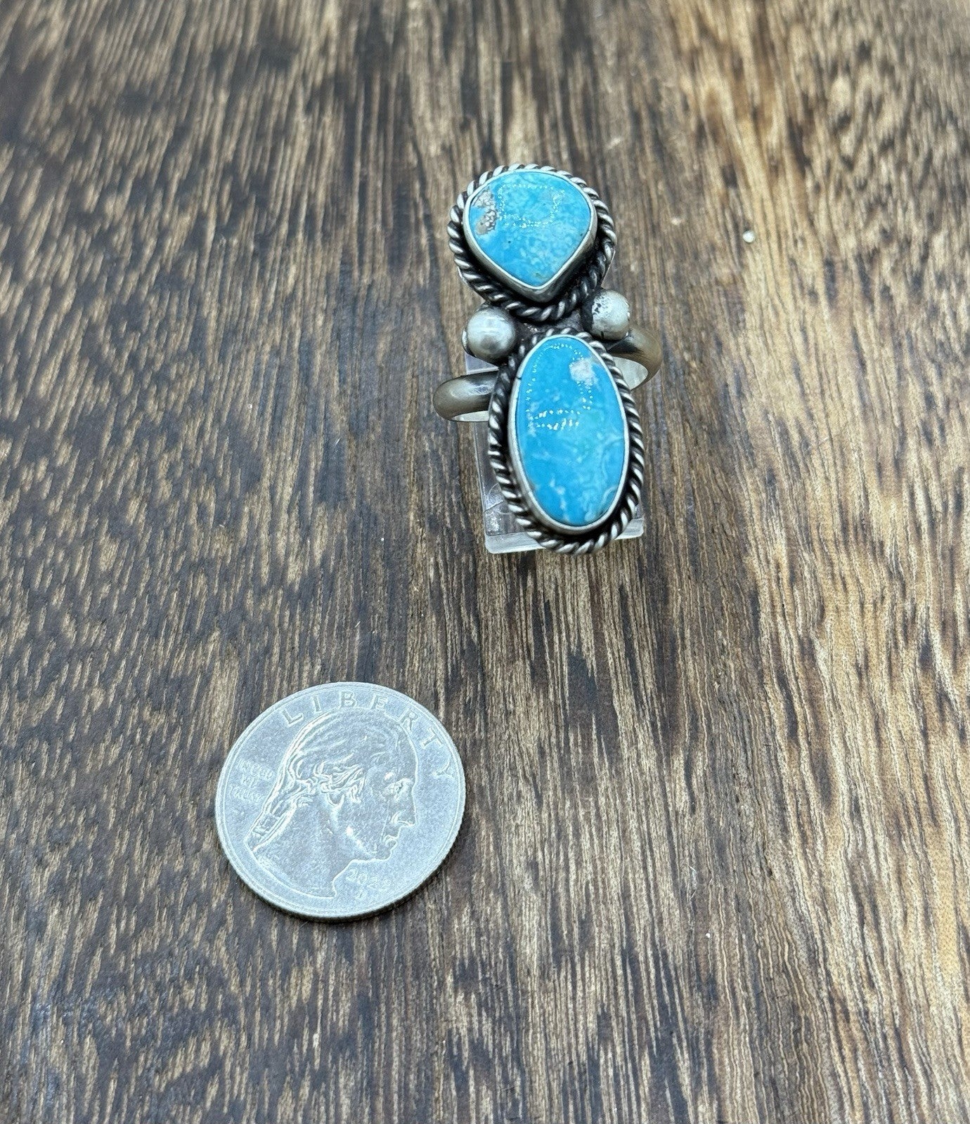 Navajo Handmade Sterling Silver White Water Turquoise Adjustable Ring Size 7 - 9