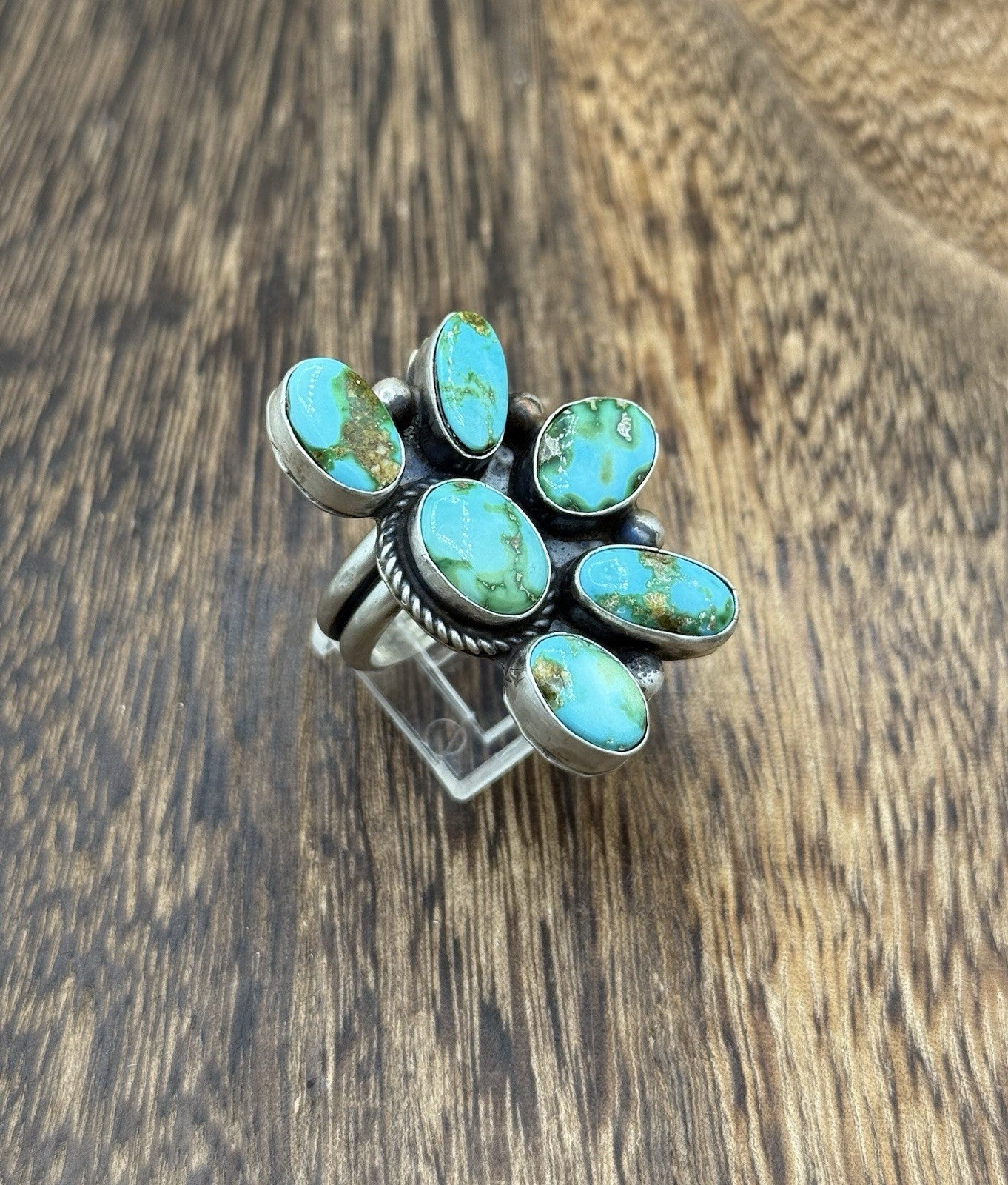 Navajo Handmade Sterling Silver Sonoran Gold Turquoise Half Cluster Ring Size 8