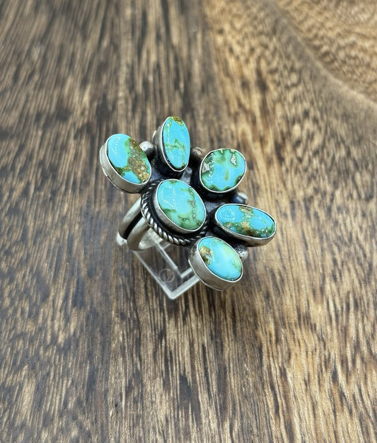 Navajo Handmade Sterling Silver Sonoran Gold Turquoise Half Cluster Ring Size 8